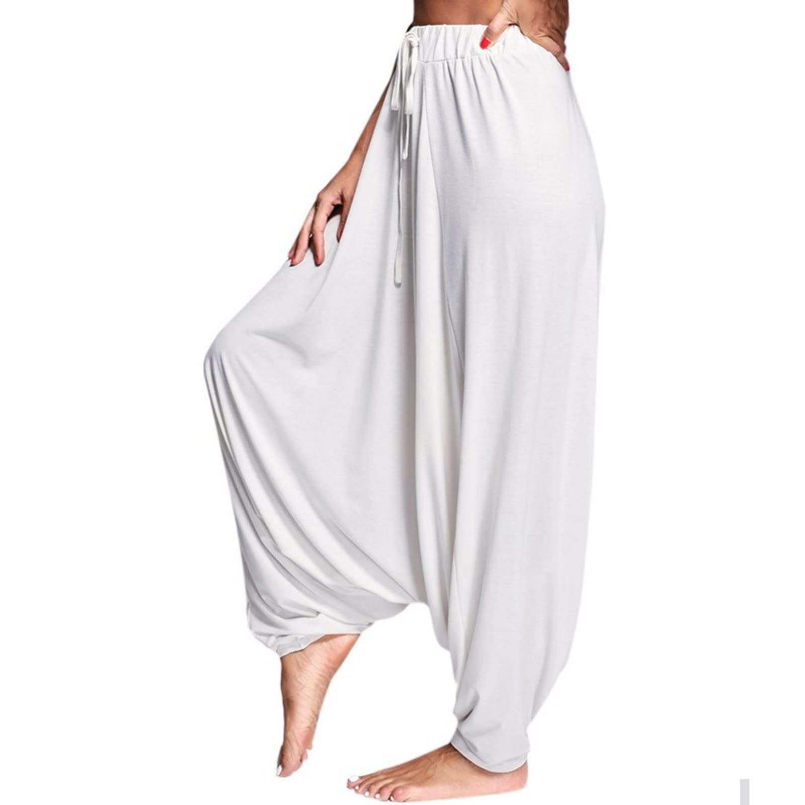 Burband Womens Solid Color Drop Crotch Harem Pants Drawstring Loose Fit Aladdin Hippie Palazzo Lounge Elephant Boho Pants White