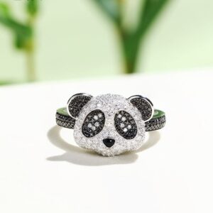 Cute Panda Open Rings for Women Cubic Zirconia Pave Lovely Animal Statement Sparkling Clear Black Crystal Jewelry Delicate Bear Adjustable Stacking Middle Finger Ring Fashion Gifts for Daughter Niece Birthday (Ring)