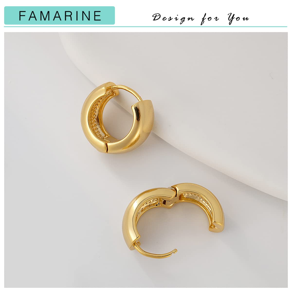 FAMARINE Chunky Gold Earrings for Women 12 MM Wide, 0.85 in Gold Hoop Earrings Thick Earrings for Mom, 14K Gold Plated