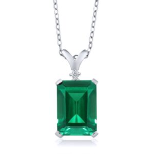 Gem Stone King 925 Sterling Silver Green Nano Emerald and White Diamond Pendant Necklace For Women | 6.52 Cttw | Emerald Cut 14X10MM | With 18 Inch Chain