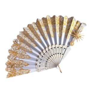 handmade folding fan vintage chinese style fold fan for wedding party lace fan silk folding hand held fan craft dance fan handheld fan (color : yellow)