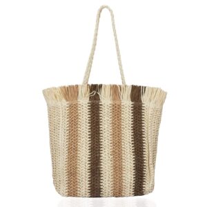 QTKJ Hand-woven Soft Large Straw Shoulder Bag with Tassels and Zipper Boho Straw Handle Tote Retro Summer Beach Bag Rattan Handbag (Beige)