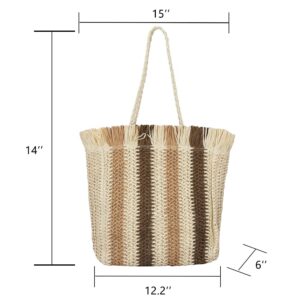 QTKJ Hand-woven Soft Large Straw Shoulder Bag with Tassels and Zipper Boho Straw Handle Tote Retro Summer Beach Bag Rattan Handbag (Beige)