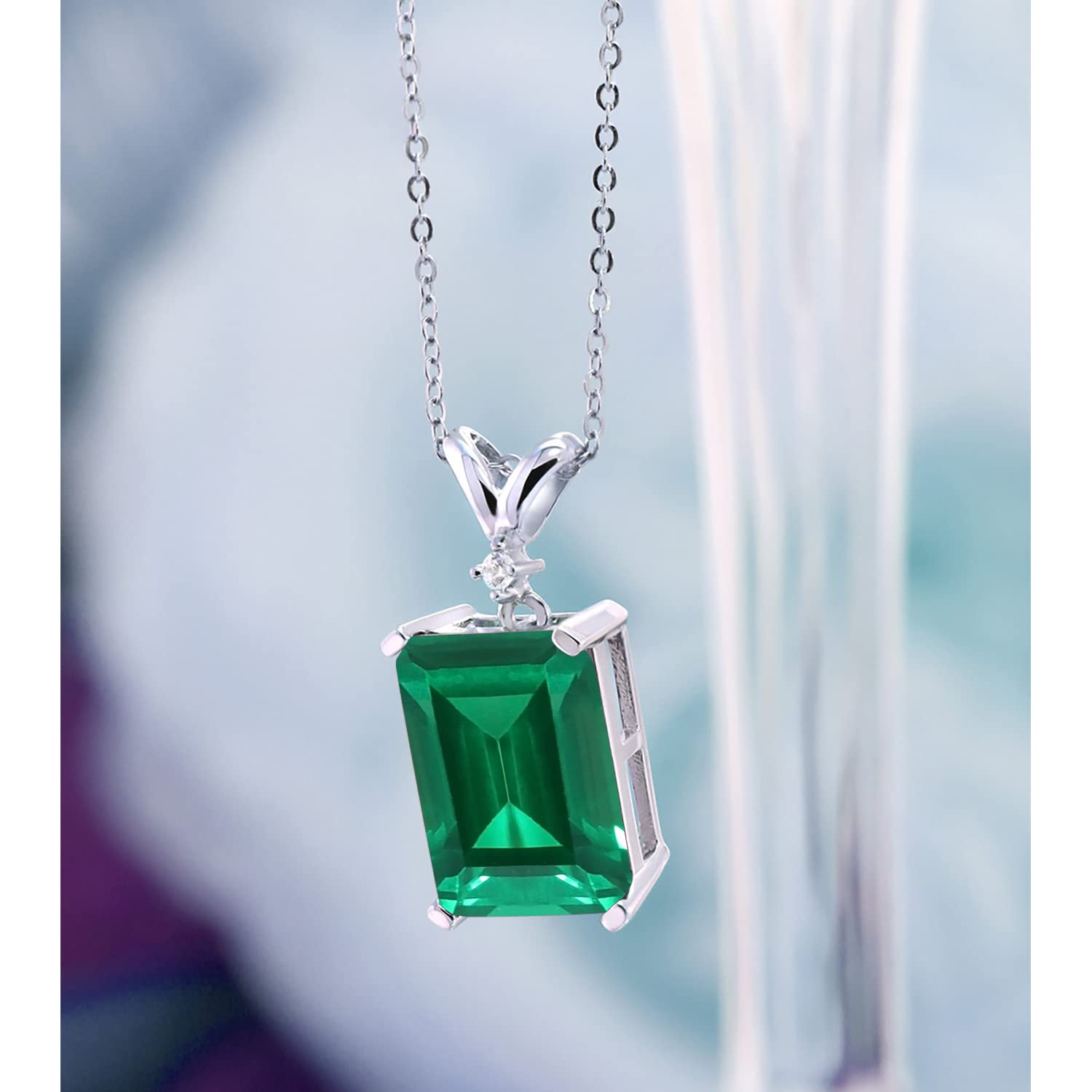 Gem Stone King 925 Sterling Silver Green Nano Emerald and White Diamond Pendant Necklace For Women | 6.52 Cttw | Emerald Cut 14X10MM | With 18 Inch Chain