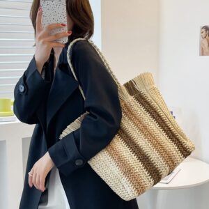 QTKJ Hand-woven Soft Large Straw Shoulder Bag with Tassels and Zipper Boho Straw Handle Tote Retro Summer Beach Bag Rattan Handbag (Beige)