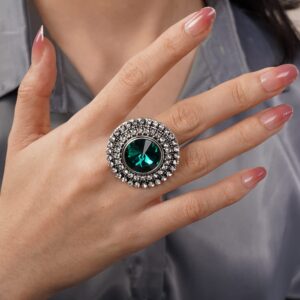 Jumwrit Vintage Knuckle Ring Open Band Ring Silver Rhinestone Ring Big Round Ring Adjustable Finger Ring Carved Ring Indian Ring for Women（Green）