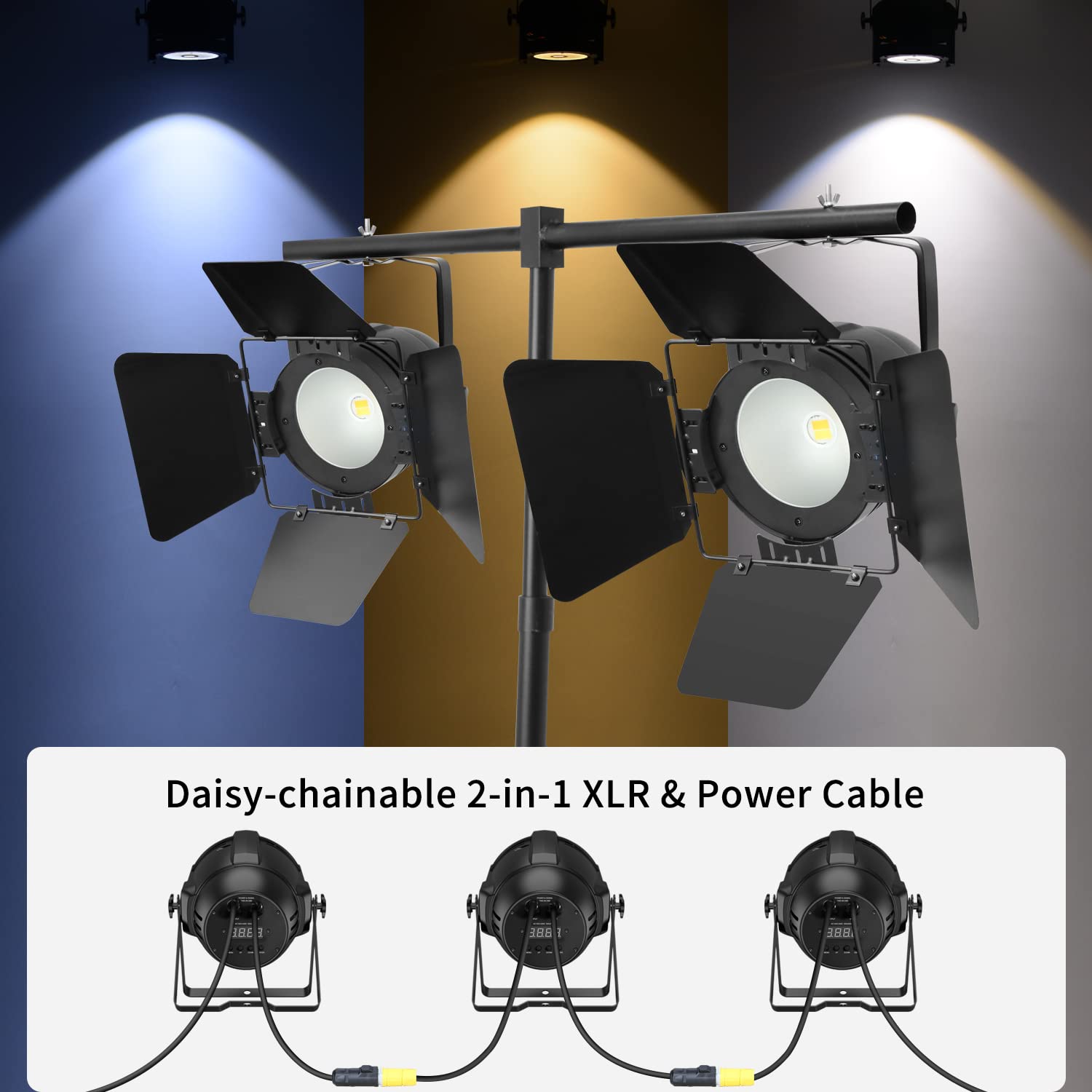 BETOPPER Stage Spotlight with/Barn Door, 200W COB Stage Light, Warm & Cold White LED DMX Light, Master-Slave Spot Light Strobe Lighting, Fresnel Lights for Church Wedding Theater Photo Studio(1 Pack)