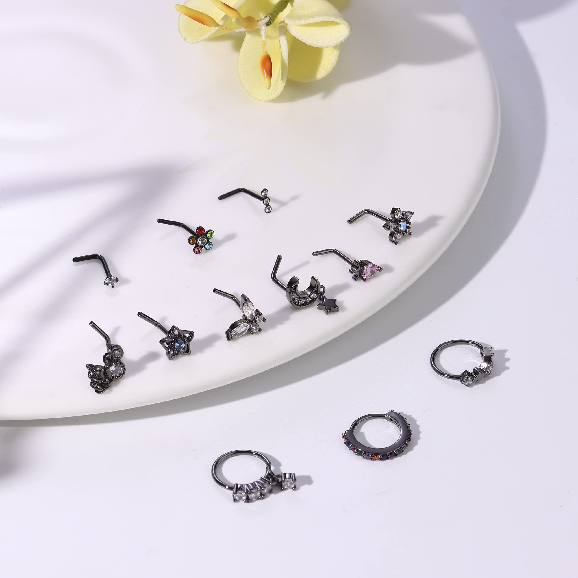 Drperfect 12PCS 20G Nose Rings Studs Stainless Steel Nose Rings Hoop for Women Men Paved CZ Butterfly Flower Nose Nostril Piercing Jewelry L Shaped Nose Ring Stud Set