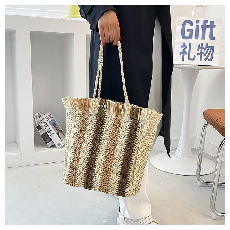 QTKJ Hand-woven Soft Large Straw Shoulder Bag with Tassels and Zipper Boho Straw Handle Tote Retro Summer Beach Bag Rattan Handbag (Beige)