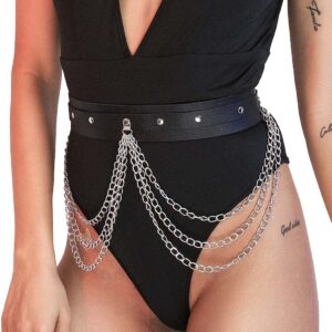 Sinalty Punk Harness Waist Chain Leather Belt Chains Black Layered Body Chain Party Body Jewelry Accessories for Women and Girls (1)