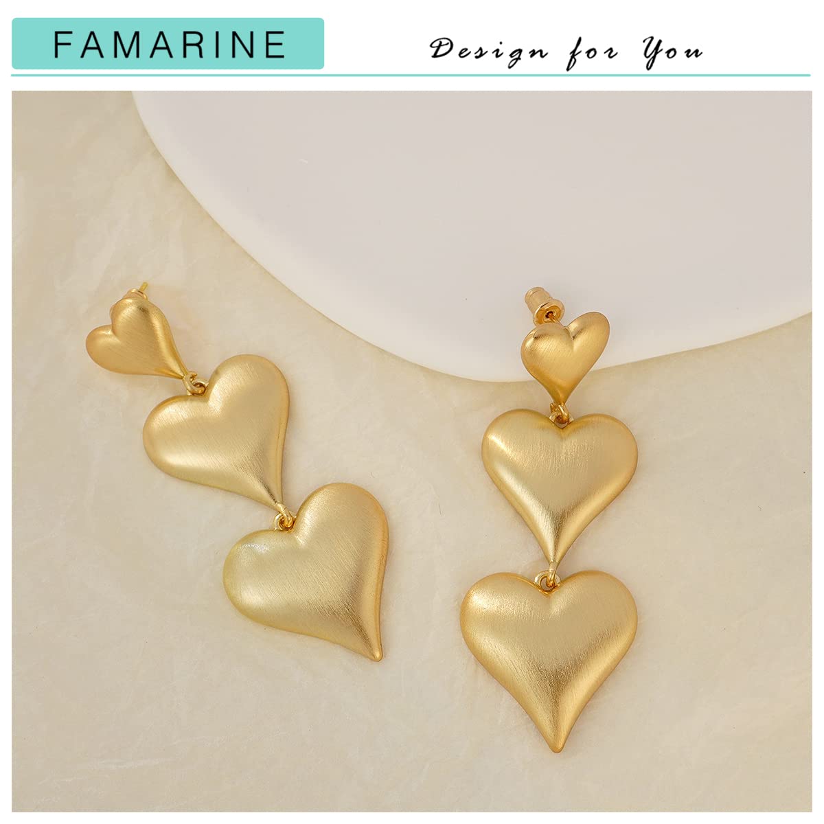 FAMARINE Gold Heart Earrings for Women Heart Dangle Earrings Brushed Drop Earrings Jewelry Gift