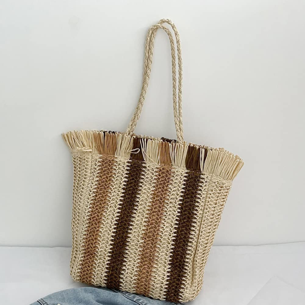 QTKJ Hand-woven Soft Large Straw Shoulder Bag with Tassels and Zipper Boho Straw Handle Tote Retro Summer Beach Bag Rattan Handbag (Beige)