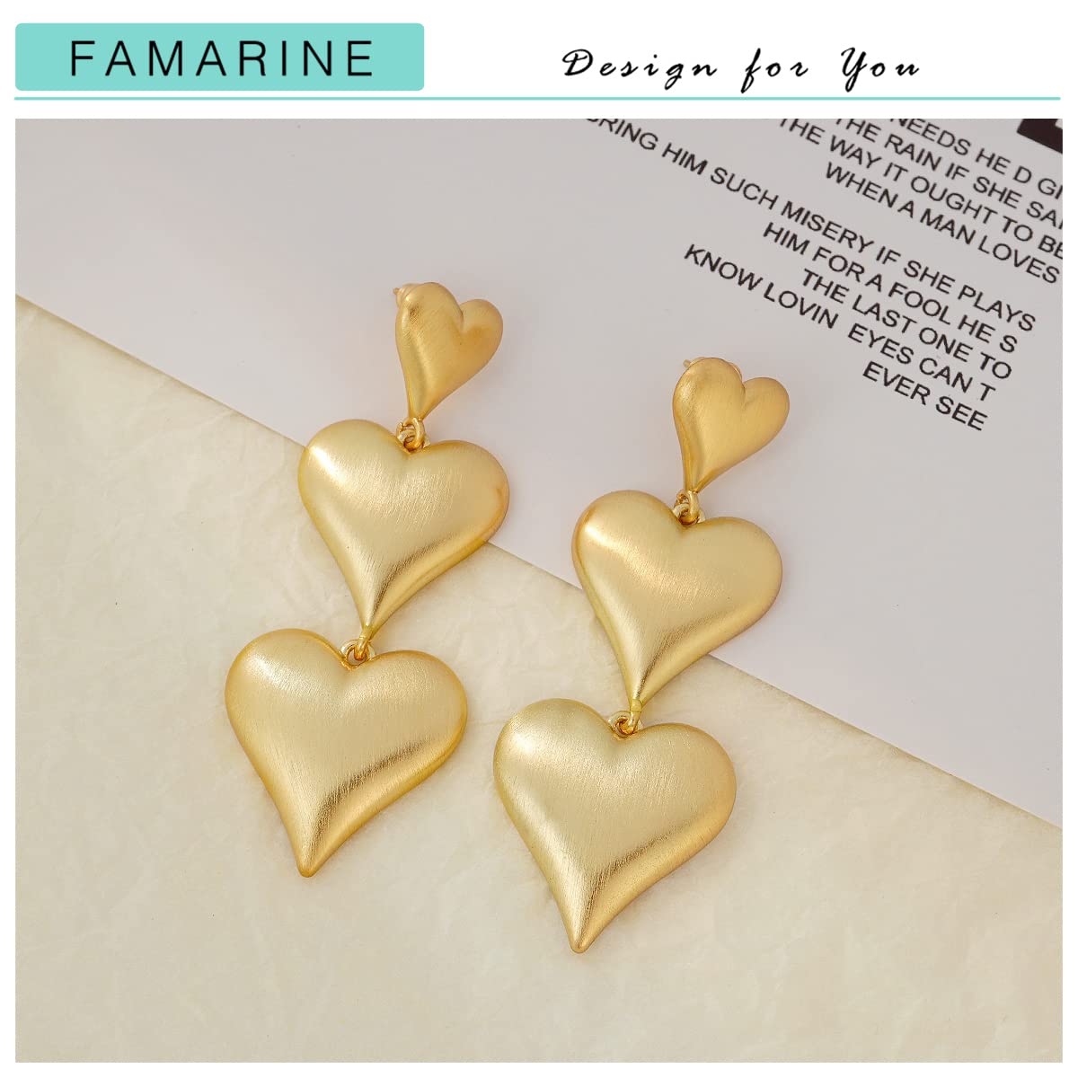 FAMARINE Gold Heart Earrings for Women Heart Dangle Earrings Brushed Drop Earrings Jewelry Gift