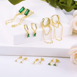 6 Pairs Earring Sets for Multiple Piercing | 14K Gold Plated Sterling Silver Studs Earrings and Hoop Earrings Set Small Huggie Hoop Chain Earrings Set for Women