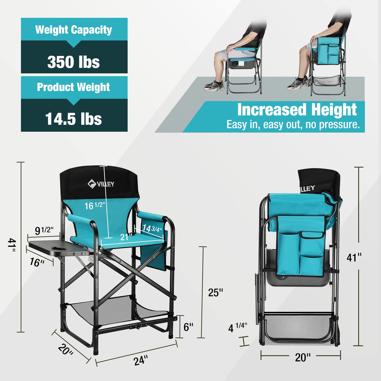 VILLEY Tall Directors Chair, Folding Camping Chairs, Makeup Artist Chair with Foot Rest, 900D Fabric for Tailgating Camp Lawn Picnic Fishing Beach, Supports 350 LBS, Blue