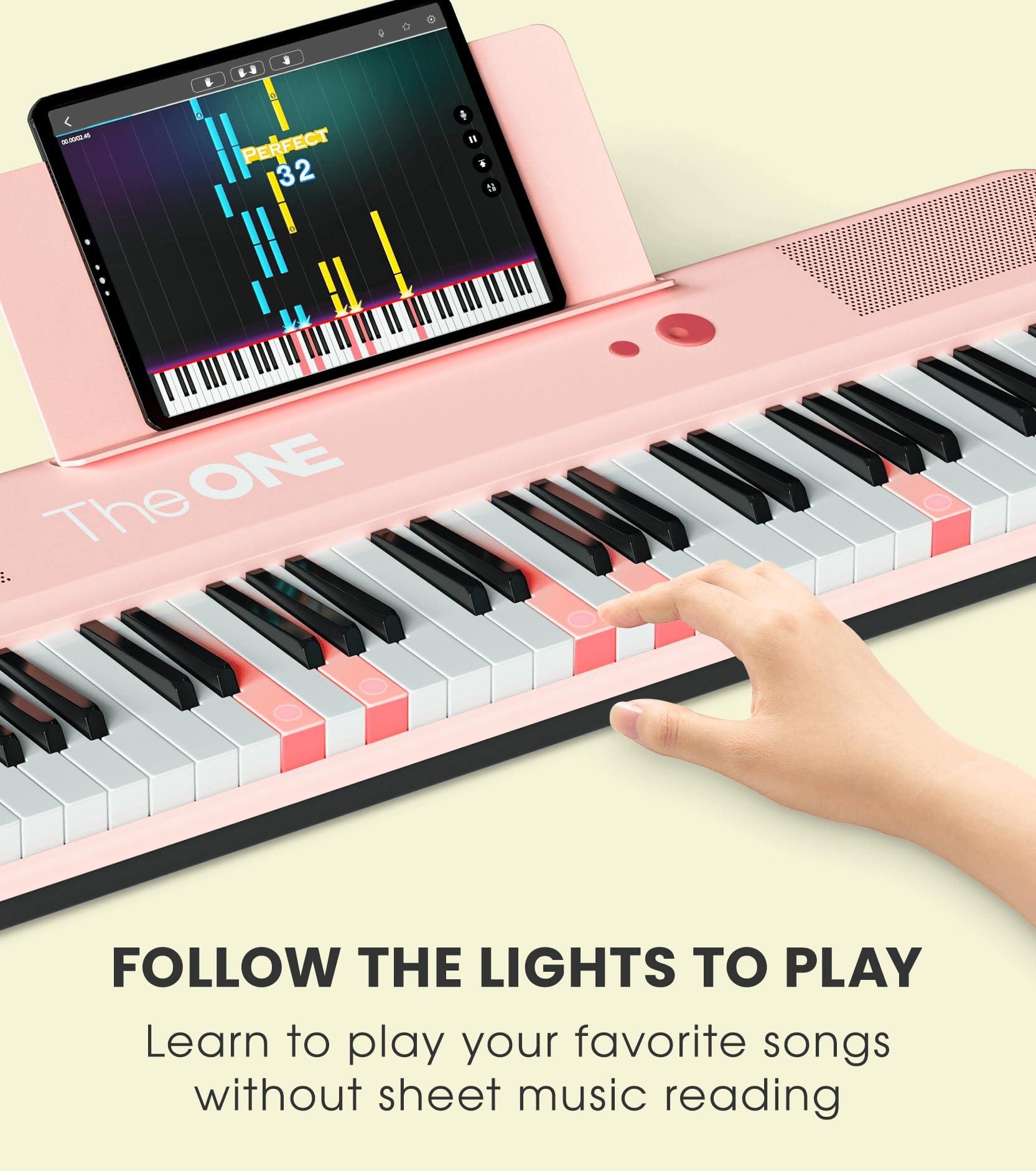 The ONE Smart Keyboard COLOR 61 Lighted Keys Piano Keyboard, Digital Piano for Beginners with 256 Tones, 64 Polyphony, Built-in LED Lights and Free Apps (Pink)