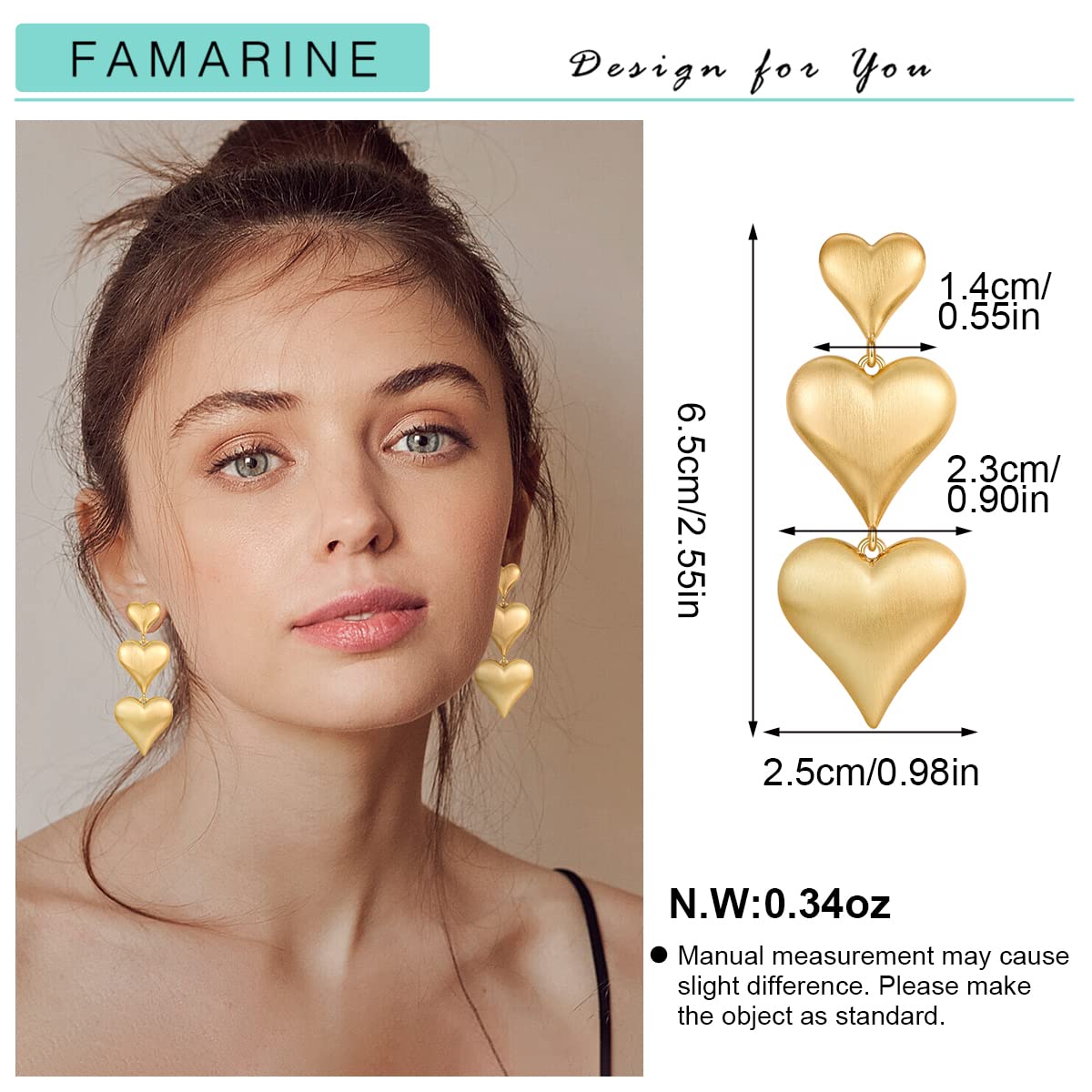 FAMARINE Gold Heart Earrings for Women Heart Dangle Earrings Brushed Drop Earrings Jewelry Gift