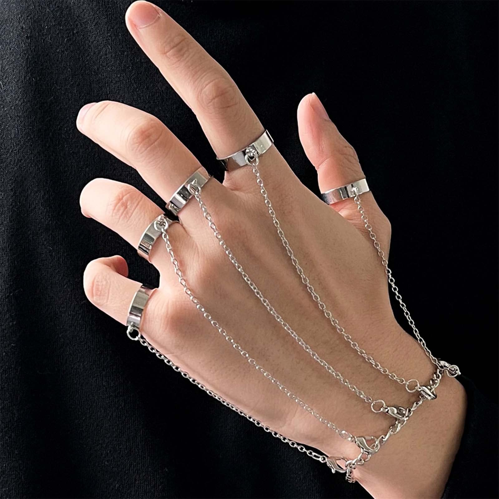 Sttiafay Punk Finger Ring Link Bracelet Adjustable Open Band Ring Chain Bracelet Hand Harness Slave Ring Bracelet Hand Accessories for Women Men