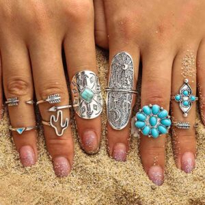 ELABEST Size7-9 Western Ring Set Silver Turquoise Cactus Arrow Flower Carved Retro Stackable Joint Knuckle Finger Rings Sets for Women(9 Pcs)