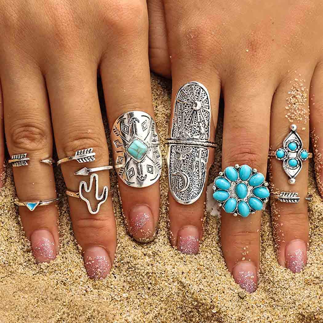 ELABEST Size7-9 Western Ring Set Silver Turquoise Cactus Arrow Flower Carved Retro Stackable Joint Knuckle Finger Rings Sets for Women(9 Pcs)