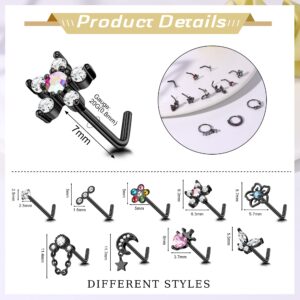 Drperfect 12PCS 20G Nose Rings Studs Stainless Steel Nose Rings Hoop for Women Men Paved CZ Butterfly Flower Nose Nostril Piercing Jewelry L Shaped Nose Ring Stud Set