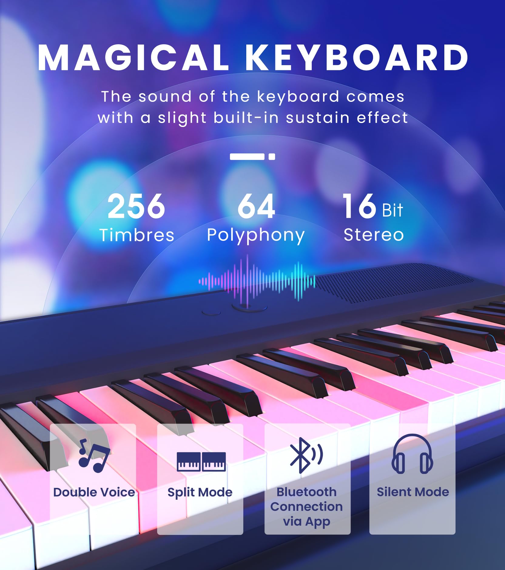 The ONE Smart Keyboard COLOR 61 Lighted Keys Piano Keyboard, Digital Piano for Beginners with 256 Tones, 64 Polyphony, Built-in LED Lights and Free Apps (Pink)