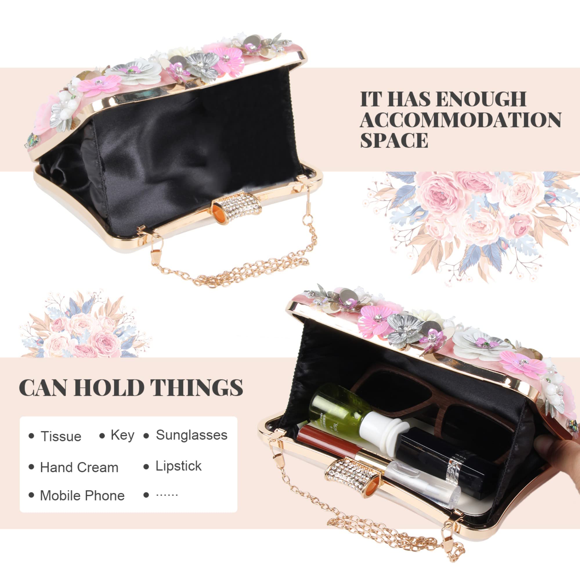 Fecialy Women's Floral Evening Handbags Colorful Rhinestone Clutch Purses Floral Bride Wedding Handbag Chain Shoulder Bag