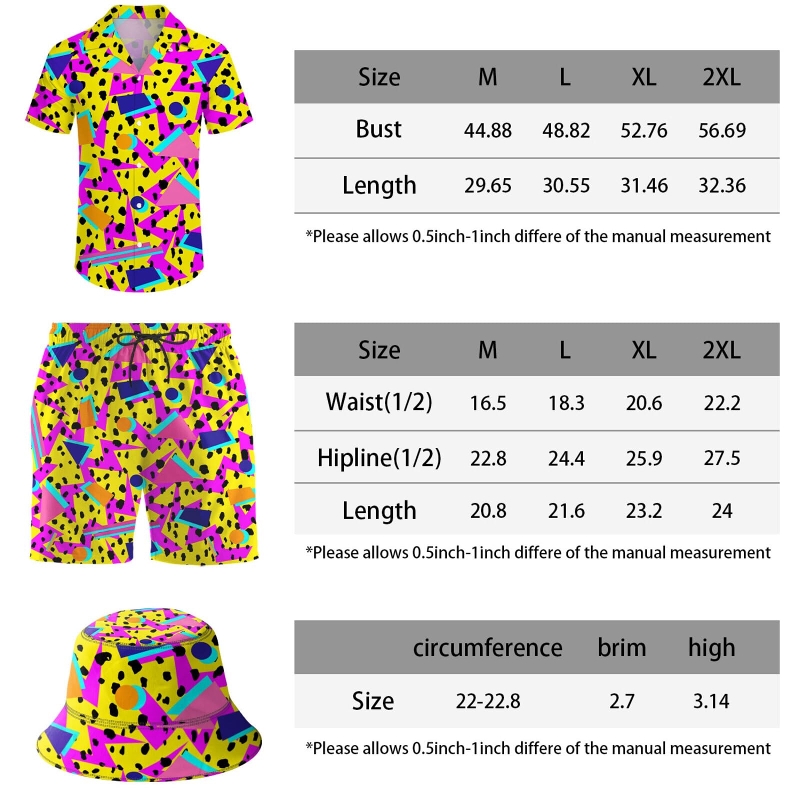 Men's 2 Piece Tracksuit Retro 80s 90s Graphics Hawaiian Shirt Shorts Button Down Shirt and Shorts Sets with Bucket Hats X-Large