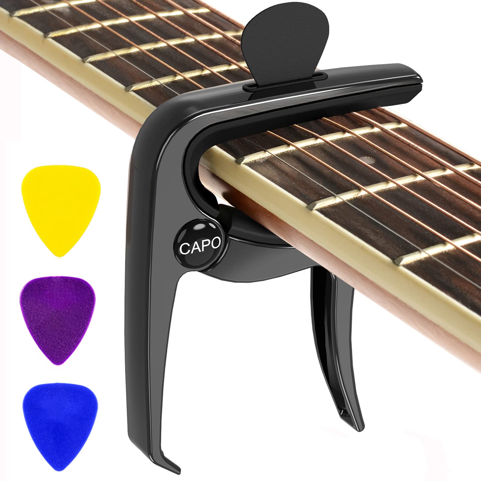 Guitar Capo, Capo for Acoustic Guitar and Electric Guitars, 3in1 Clamp with Picks Holder & Picks for Ukulele, Mandolin, Banjo, Guitar Accessories by Dulphee