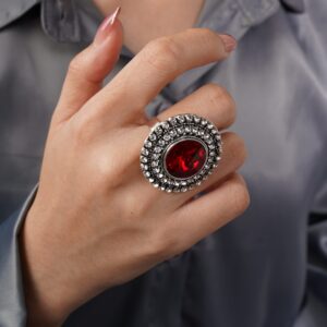 YERTTER Vintage Boho Ring Red Crystal Rhinstone Roud Ring Adjustable Antique Crystal Ring Expandable Open Wrap Ring Statement Ring for Women Large Cocktail Party (Red)