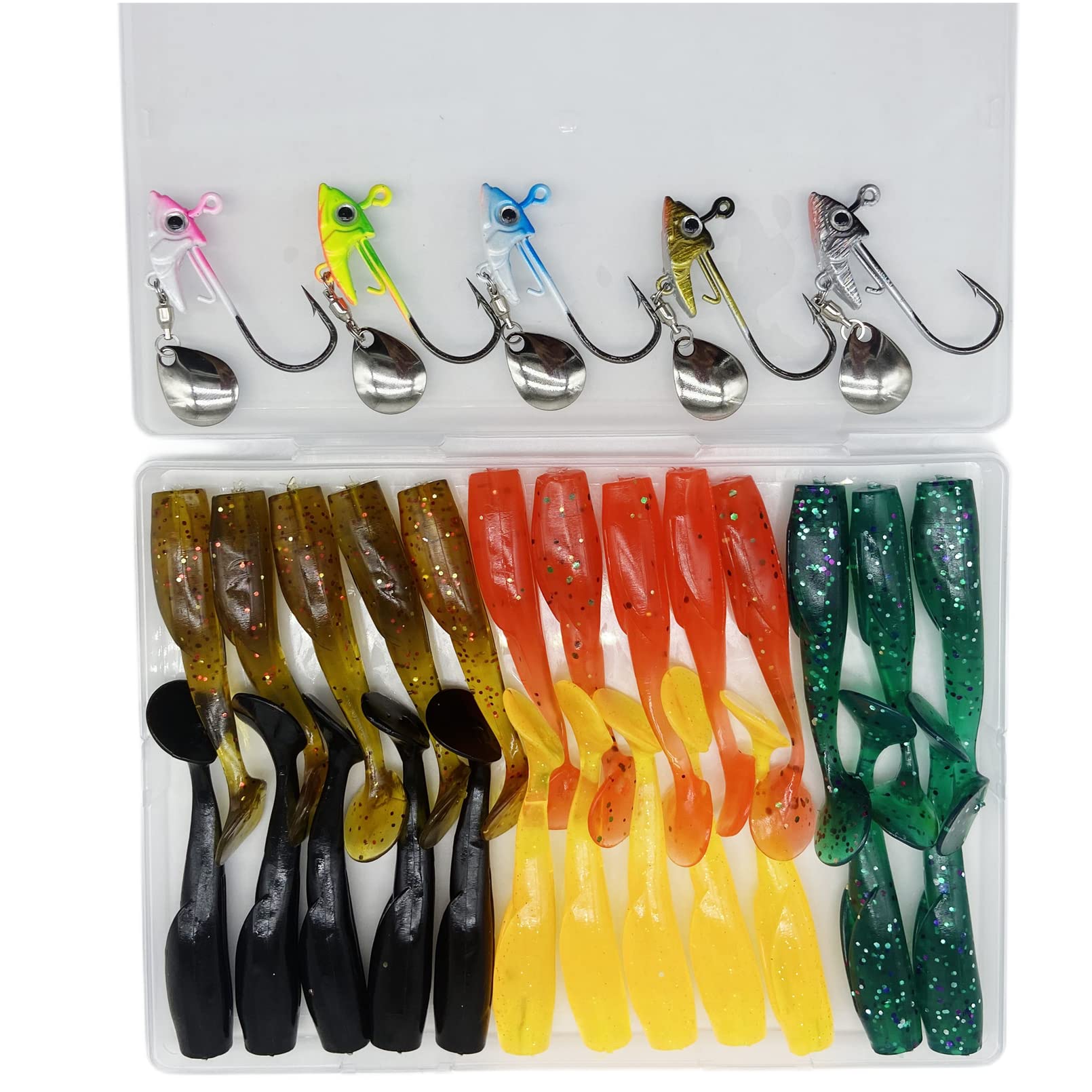 DAMIDEL 30Pcs/Box Jig Heads Swimbait Fishing Hooks add Classic Lures Baits kit, 3D Eyes/Spinner Blades, 25 Pcs Bodies- 5 Pcs Jigs Heads