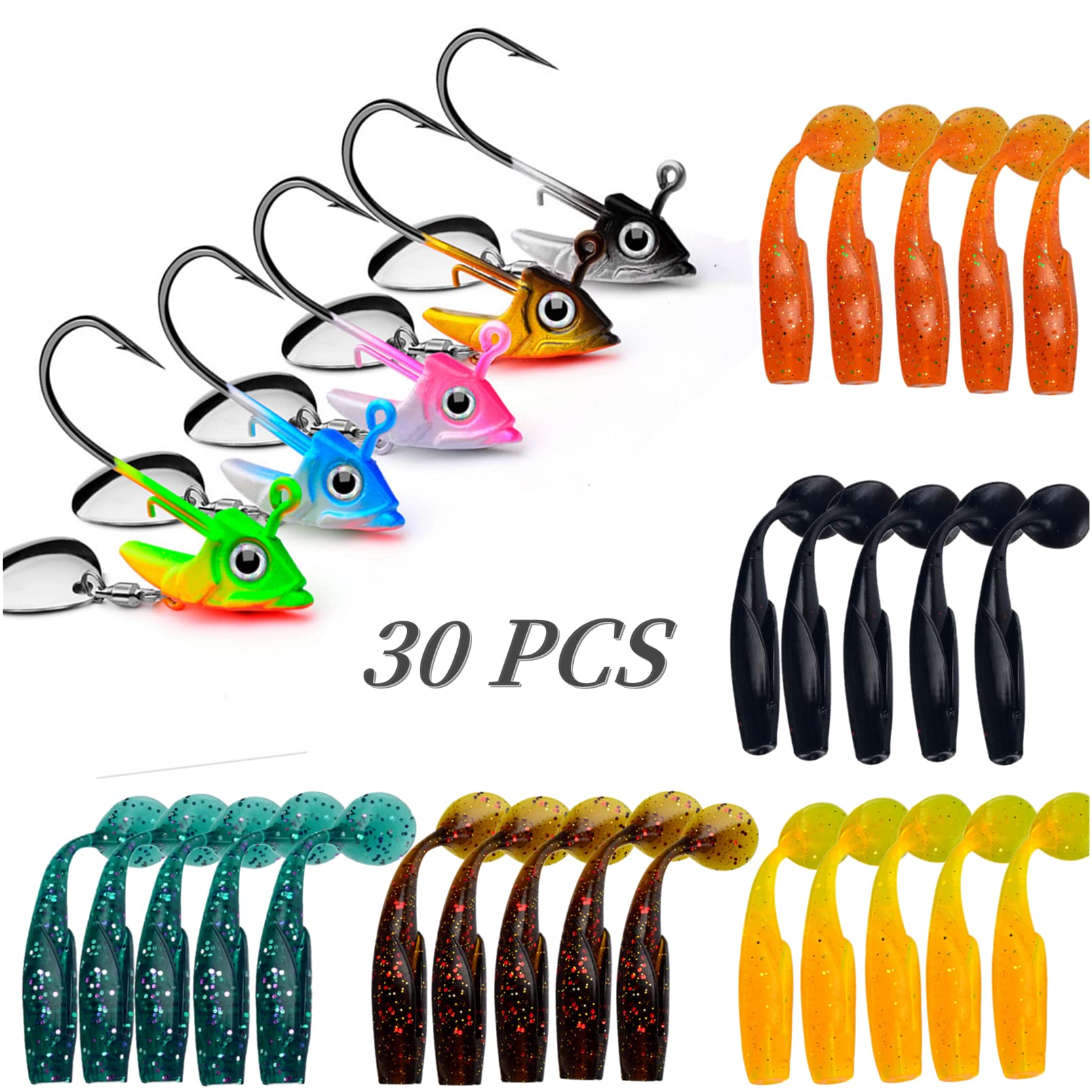 DAMIDEL 30Pcs/Box Jig Heads Swimbait Fishing Hooks add Classic Lures Baits kit, 3D Eyes/Spinner Blades, 25 Pcs Bodies- 5 Pcs Jigs Heads