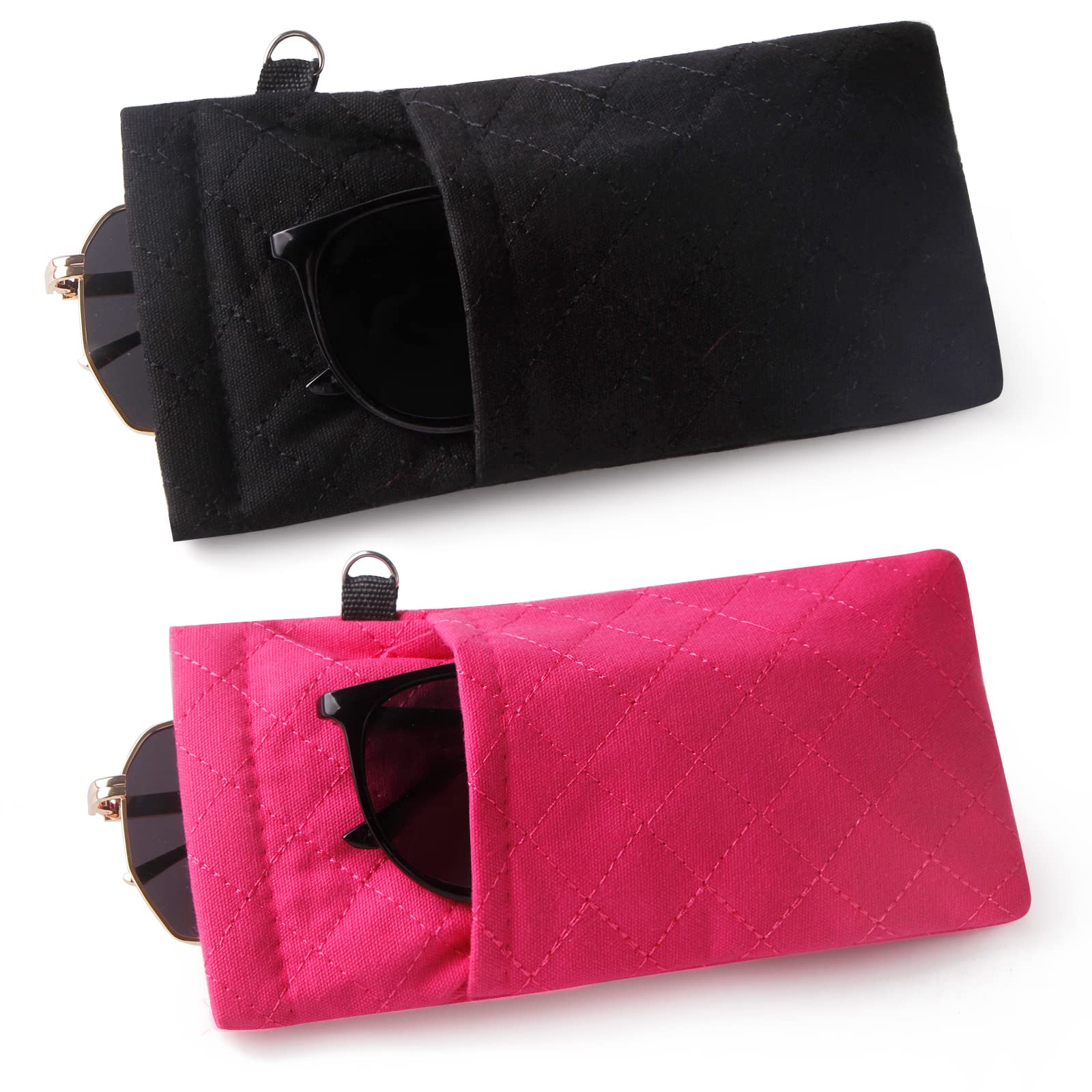 DQbhzh Glasses Pouch Squeeze Top Double Eyeglass Sunglass Case Soft Microfiber with Cleaning Cloth for Women (Black,Hot Pink)