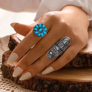 ELABEST Size7-9 Western Ring Set Silver Turquoise Cactus Arrow Flower Carved Retro Stackable Joint Knuckle Finger Rings Sets for Women(9 Pcs)