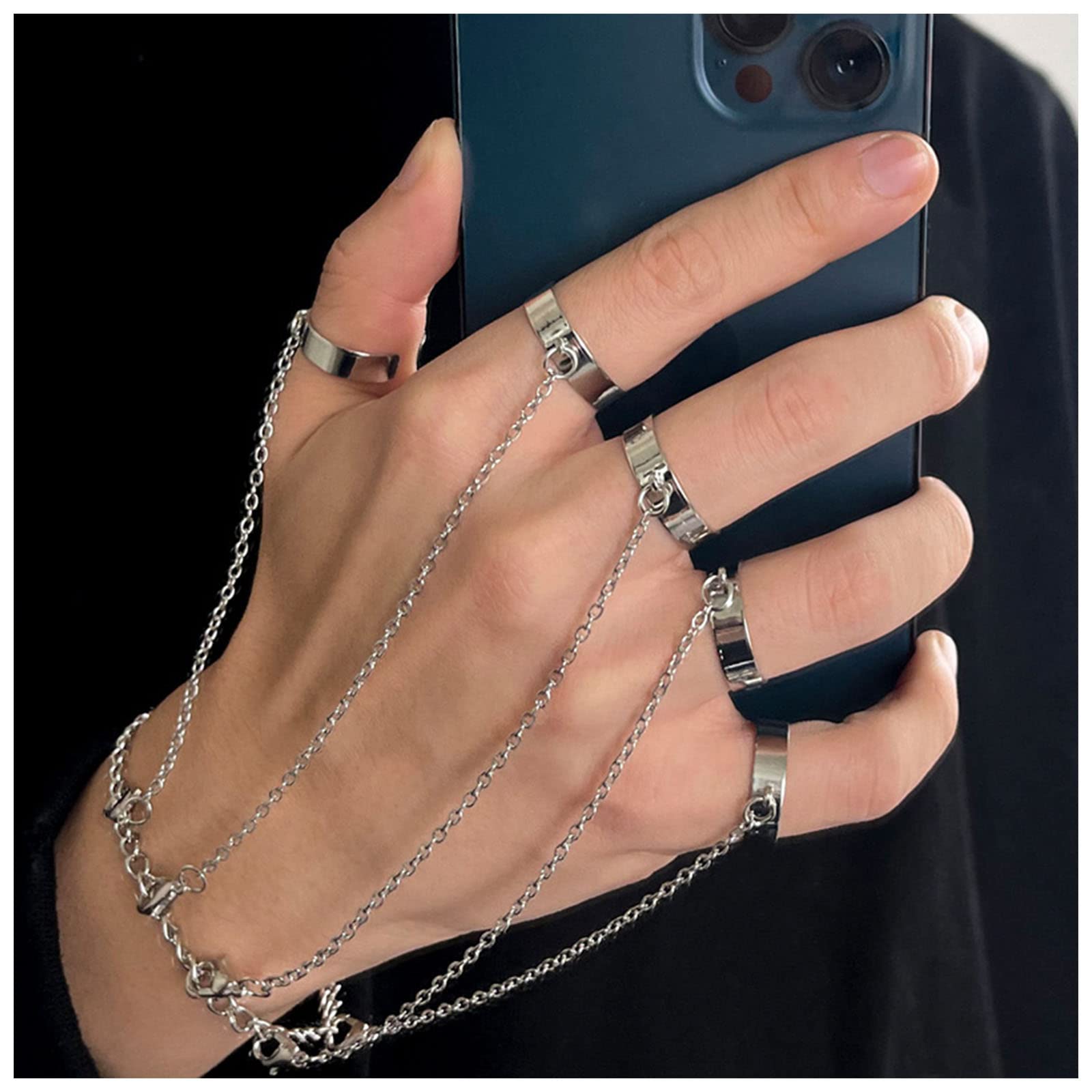 Sttiafay Punk Finger Ring Link Bracelet Adjustable Open Band Ring Chain Bracelet Hand Harness Slave Ring Bracelet Hand Accessories for Women Men