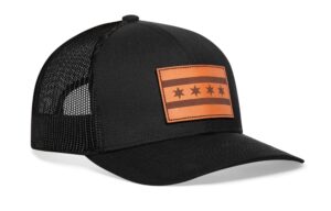 haka chicago flag hat – chicago trucker hat for men & women, adjustable baseball cap, mesh snapback, outdoor golf hat - black (leather patch)