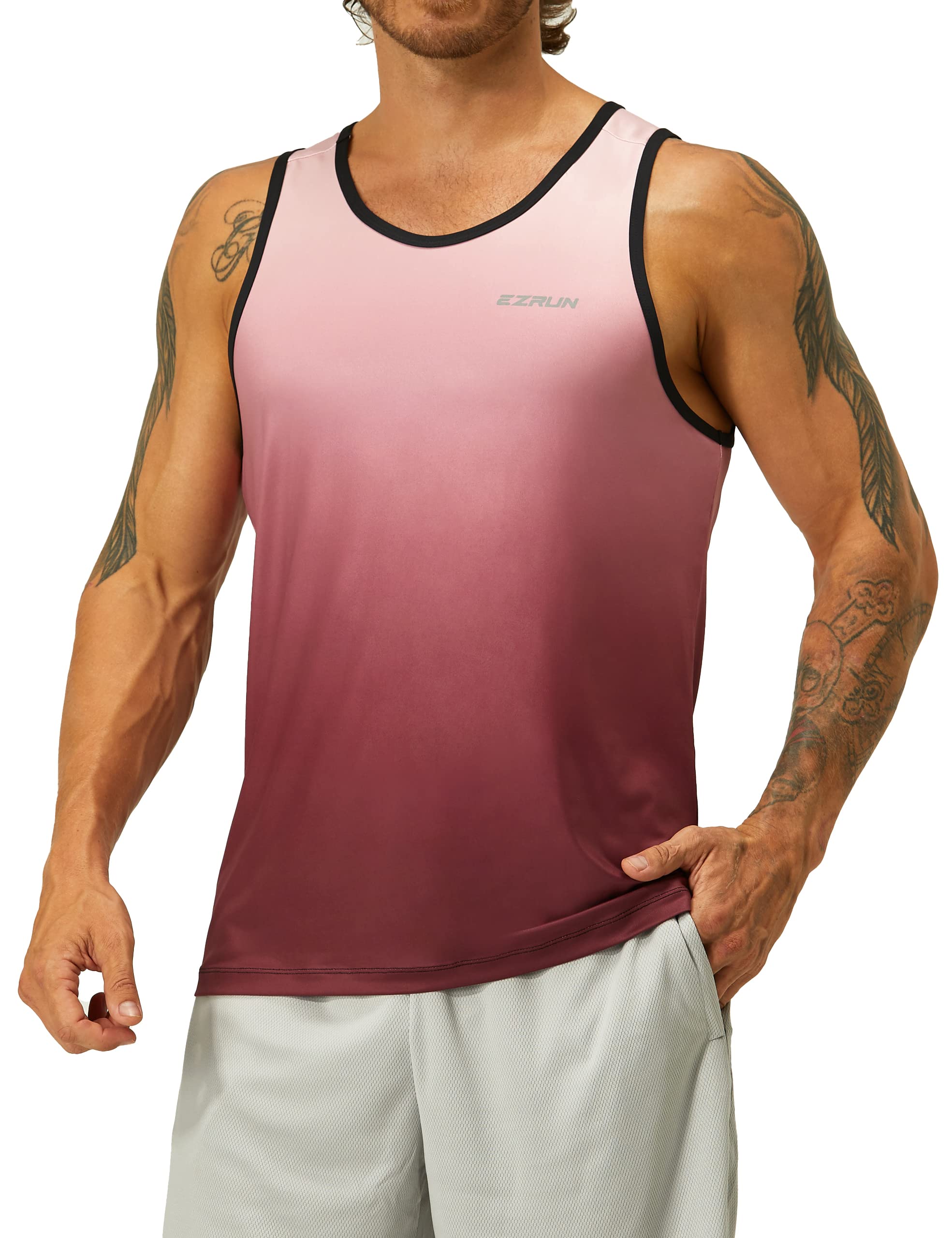 EZRUN Men's Quick Dry Workout Tank Top Swim Beach Shirts for Gym Athletic Running Muscle Sleeveless Shirts(PinkGradient,XL)