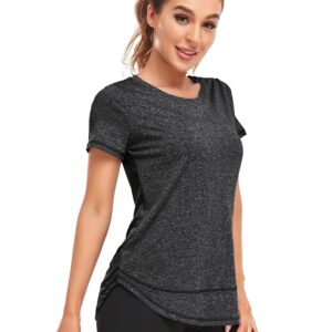 Abrooical Women's Short Sleeve Workout Shirt Yoga T-Shirt Athletic Tee Top Round Neck Wicking Sports Tees Black Large