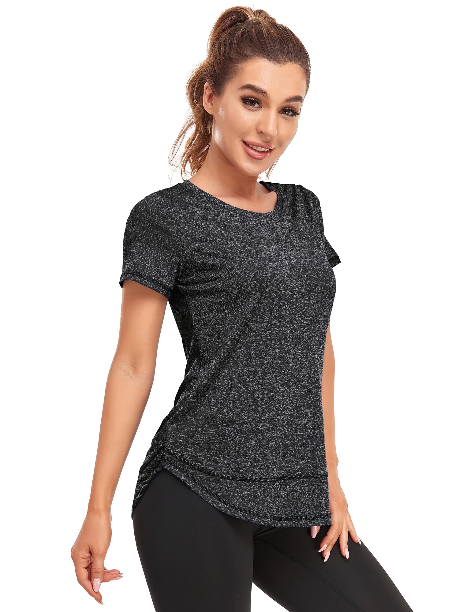 Abrooical Women's Short Sleeve Workout Shirt Yoga T-Shirt Athletic Tee Top Round Neck Wicking Sports Tees Black Large