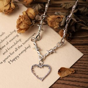 Sacina Gothic Barbed Wire Heart Necklace, Zinc Alloy Heart Pendant, Goth Jewelry Gift for Women