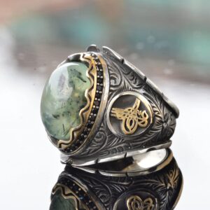 925 Sterling Silver Men's Ring with Natural Prehnite Stone, Handcrafted Unique Design, Green Gemstone Ring for Men