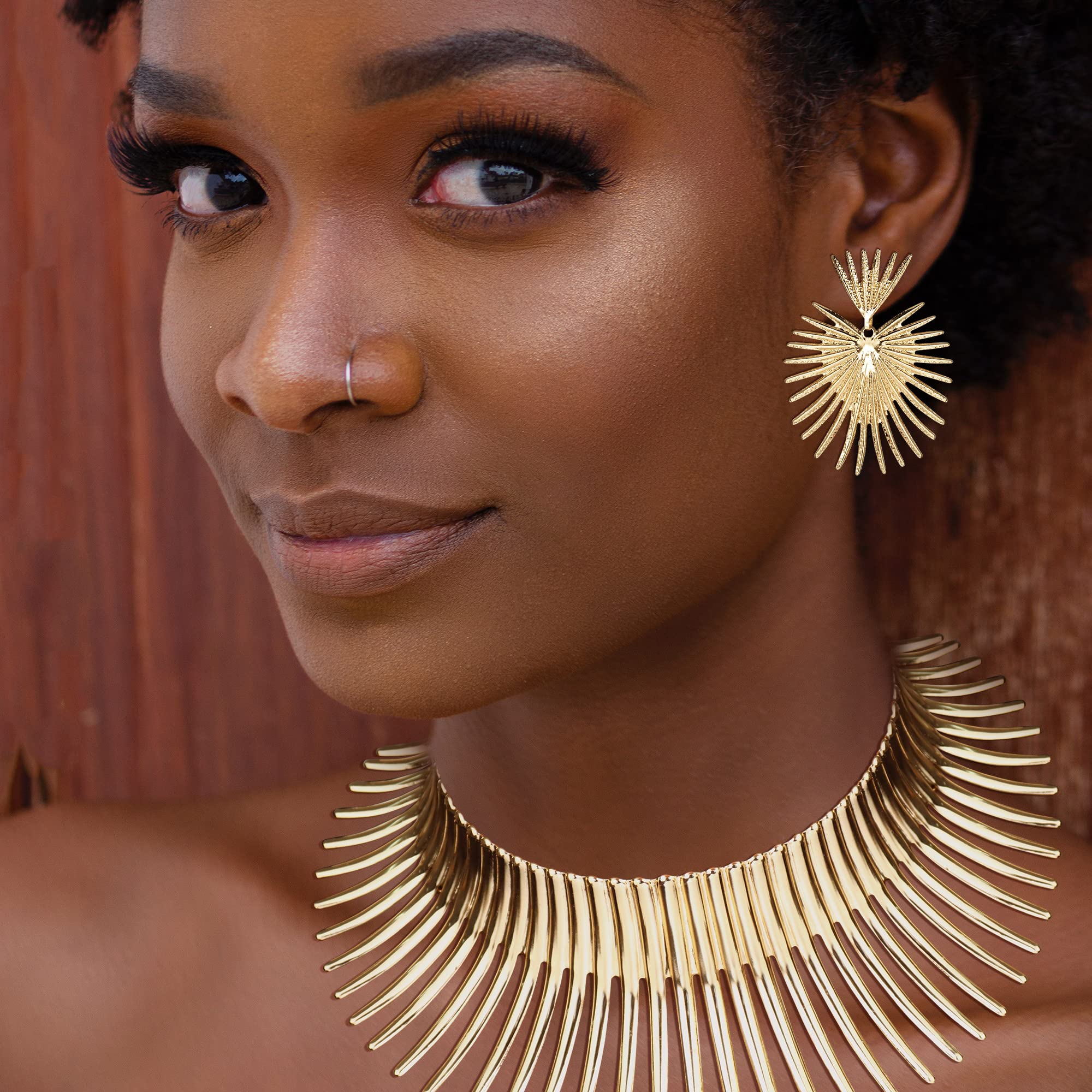 YADOCA African Collar Choker Necklace Earrings Set for Women Gold Statement Tooth Shape Tribal African Jewelry