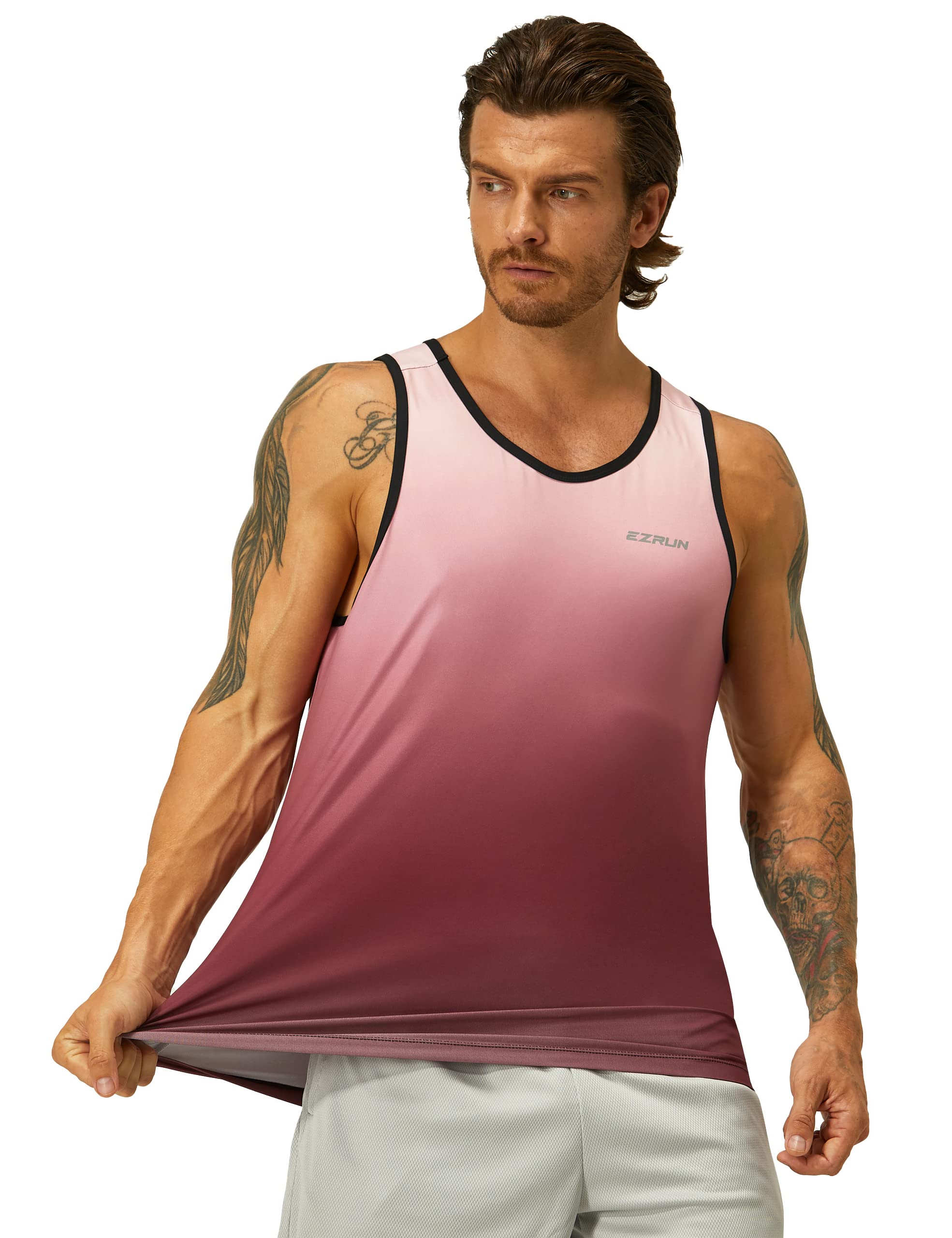 EZRUN Men's Quick Dry Workout Tank Top Swim Beach Shirts for Gym Athletic Running Muscle Sleeveless Shirts(PinkGradient,XL)