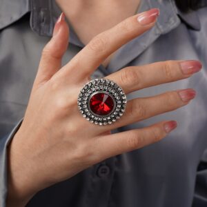 YERTTER Vintage Boho Ring Red Crystal Rhinstone Roud Ring Adjustable Antique Crystal Ring Expandable Open Wrap Ring Statement Ring for Women Large Cocktail Party (Red)