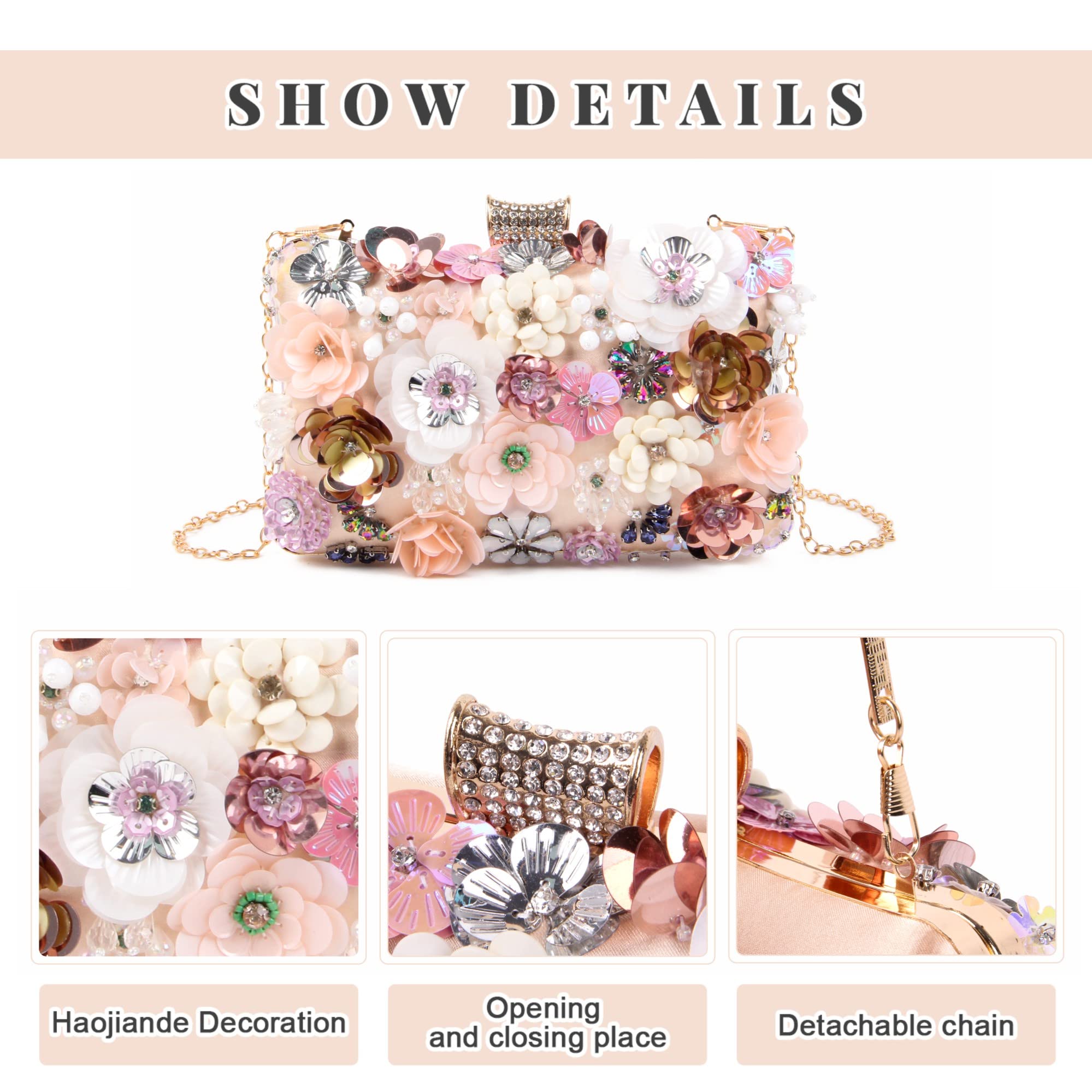 Fecialy Women's Floral Evening Handbags Colorful Rhinestone Clutch Purses Floral Bride Wedding Handbag Chain Shoulder Bag