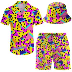 Men's 2 Piece Tracksuit Retro 80s 90s Graphics Hawaiian Shirt Shorts Button Down Shirt and Shorts Sets with Bucket Hats X-Large