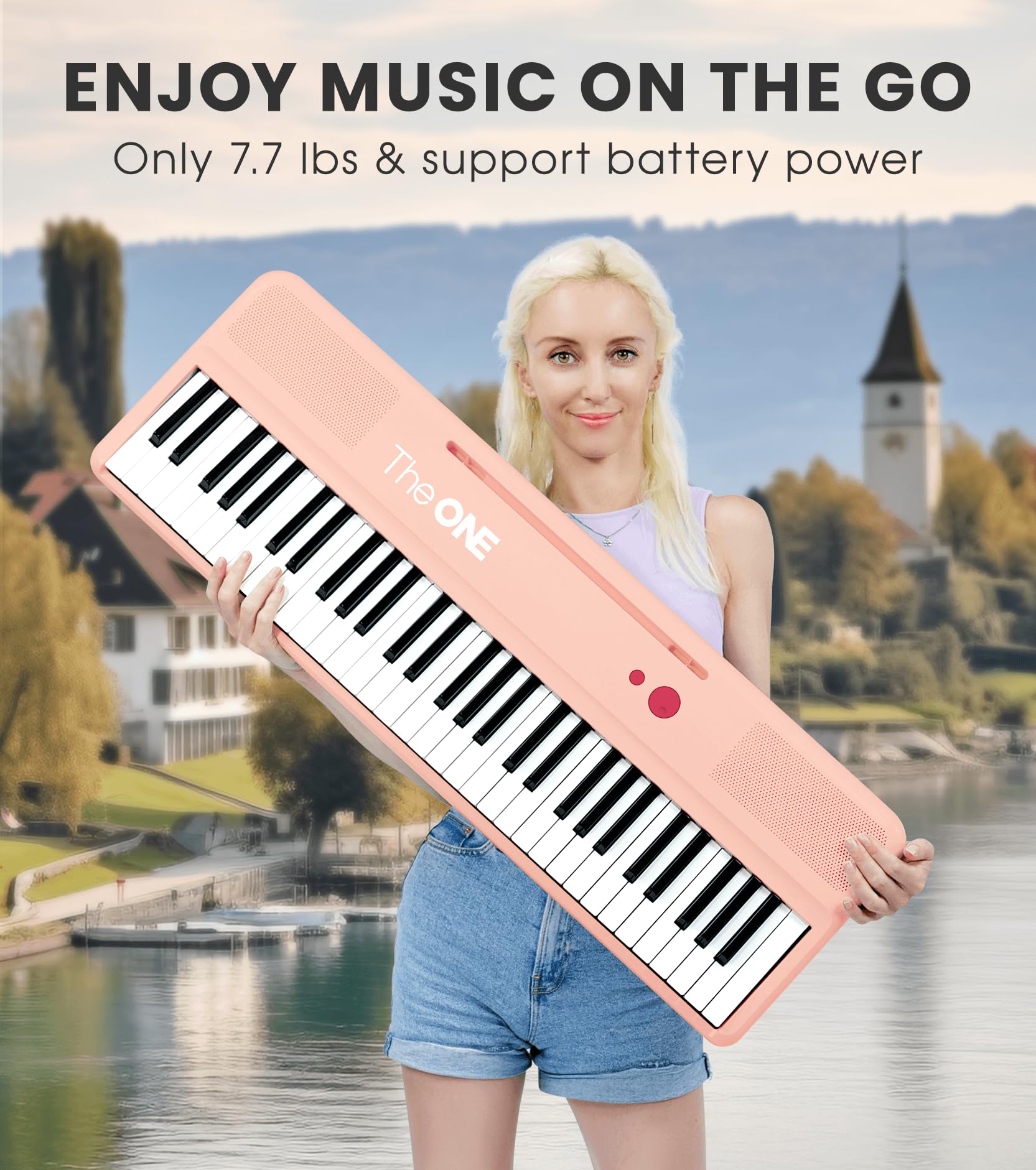 The ONE Smart Keyboard COLOR 61 Lighted Keys Piano Keyboard, Digital Piano for Beginners with 256 Tones, 64 Polyphony, Built-in LED Lights and Free Apps (Pink)