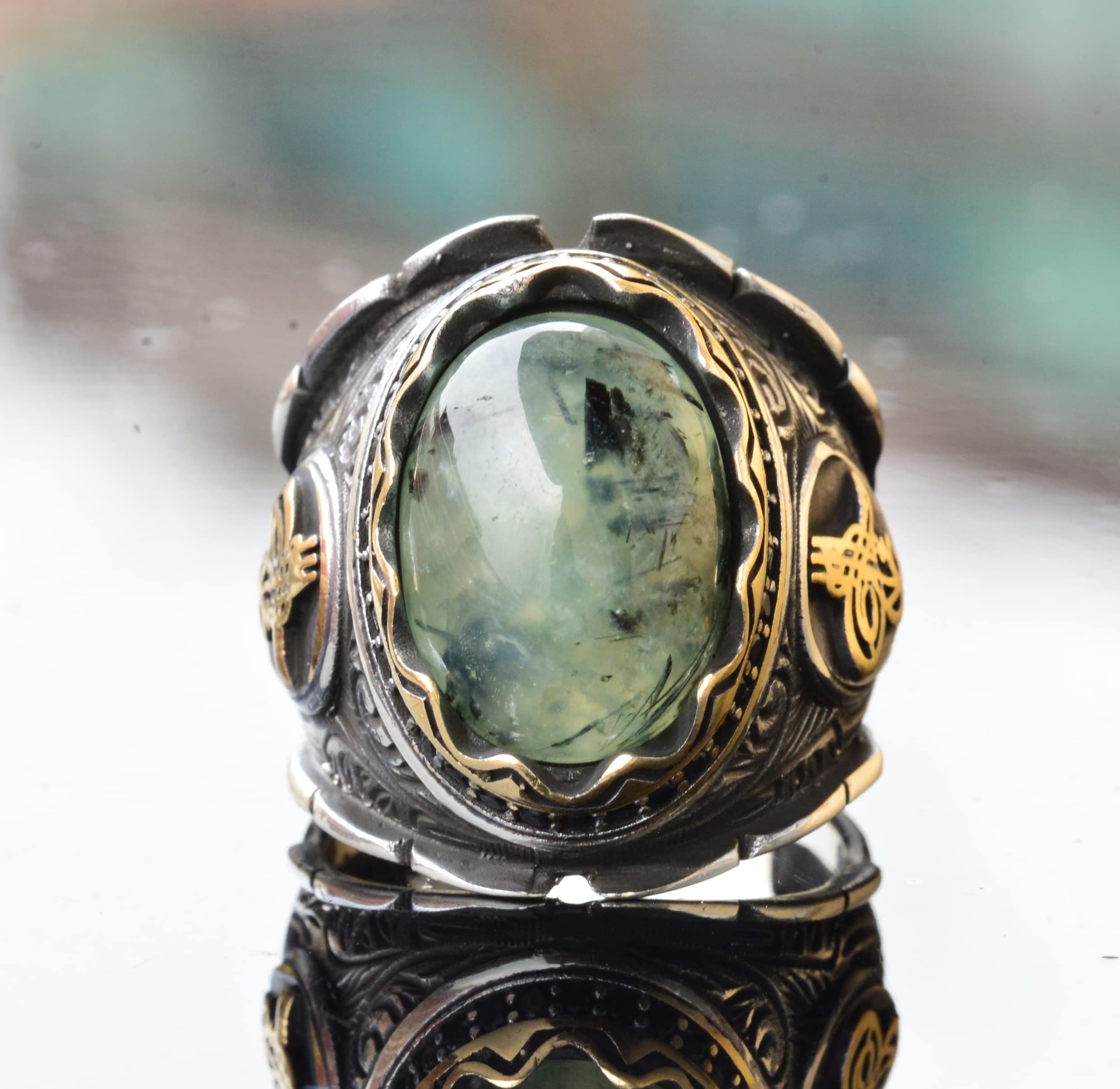 925 Sterling Silver Men's Ring with Natural Prehnite Stone, Handcrafted Unique Design, Green Gemstone Ring for Men