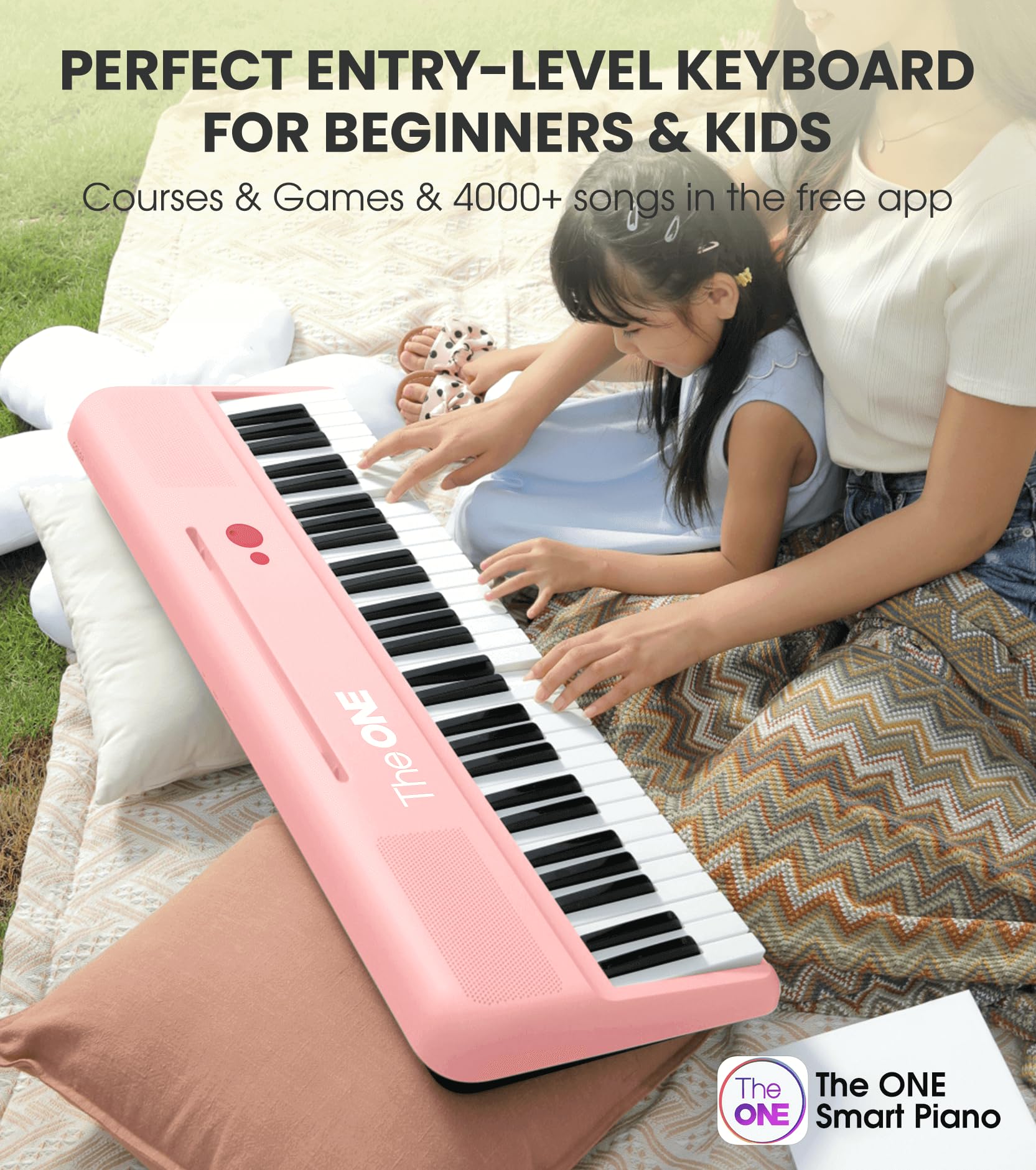 The ONE Smart Keyboard COLOR 61 Lighted Keys Piano Keyboard, Digital Piano for Beginners with 256 Tones, 64 Polyphony, Built-in LED Lights and Free Apps (Pink)