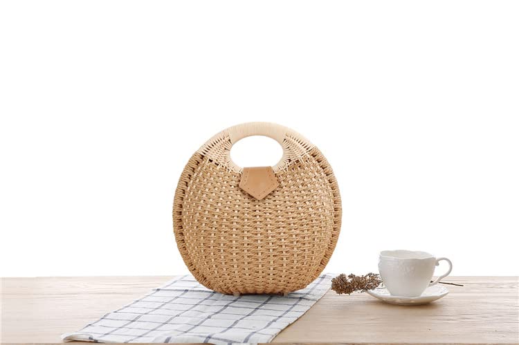 QTKJ Semi-circle Shell Shape Rattan Straw Handbags, Hand-woven Women Summer Retro Straw Round Handle Beach Tote Bag (Khaki)